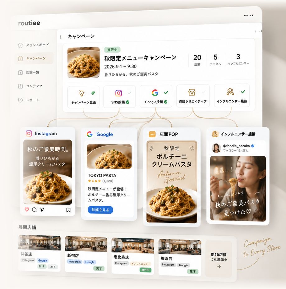routiee for Business の運用イメージ。1つのキャンペーンをInstagram・Google・店頭POP・インフルエンサー施策へ展開し、店舗ごとの進捗を管理している画面